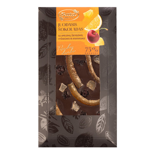 TUMŠĀ ŠOKOLĀDE (75%) AR APELSĪNA MIZIŅĀM, ĶIRŠIEM UN ANANASIEM, 100g