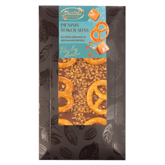 PIENA ŠOKOLĀDE AR SĀĻO KARAMELI UN KRAUKŠĶĪGAJIEM PRETZEL CEPUMIŅIEM, 100g