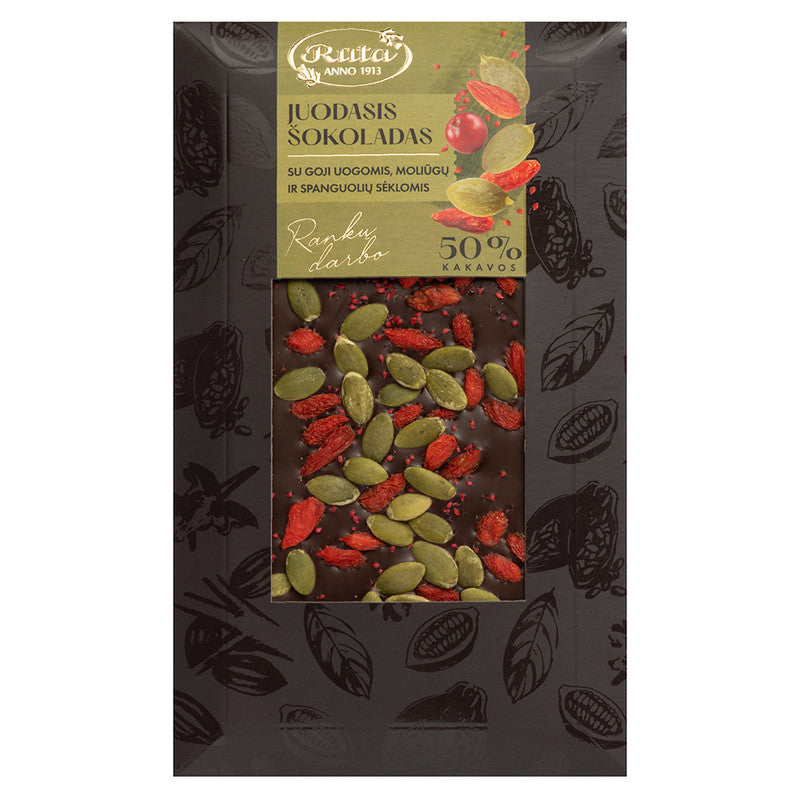 TUMŠĀ ŠOKOLĀDE (50%) AR GODŽĪ OGĀM, ĶIRBJU UN DZĒRVEŅU SĒKLĀM, 100g