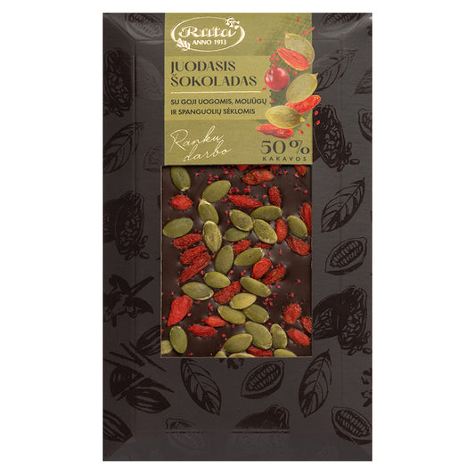 TUMŠĀ ŠOKOLĀDE (50%) AR GODŽĪ OGĀM, ĶIRBJU UN DZĒRVEŅU SĒKLĀM, 100g