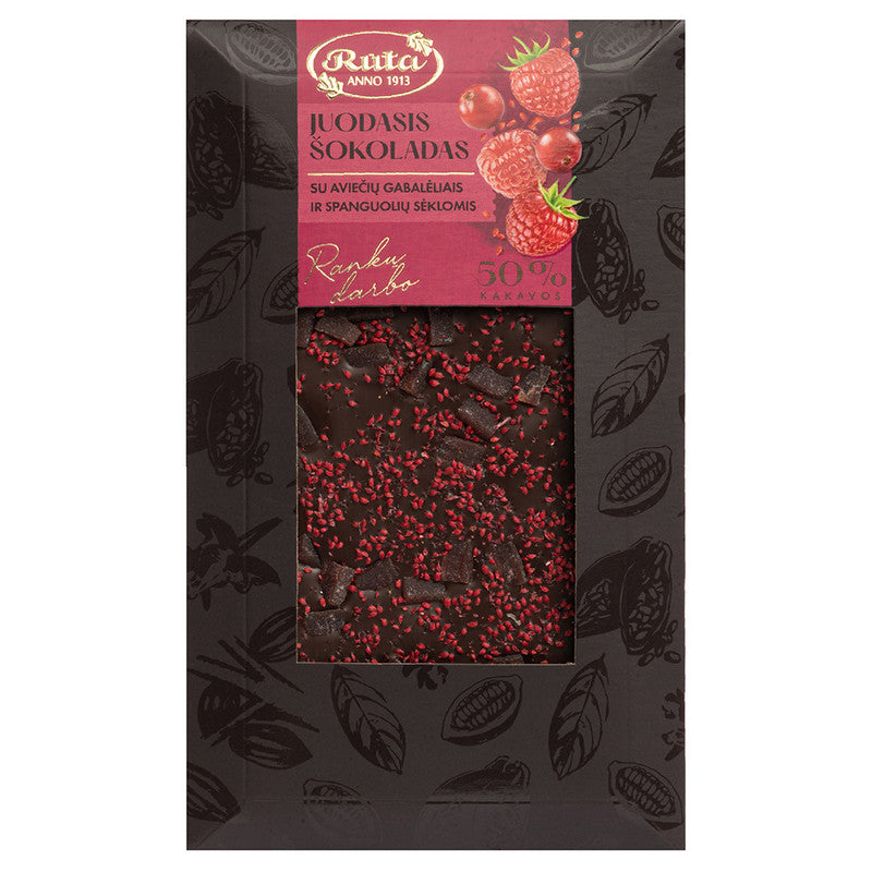 TUMŠĀ ŠOKOLĀDE (50%) AR AVEŅU GABALIŅIEM UN DZĒRVEŅU SĒKLĀM, 100g