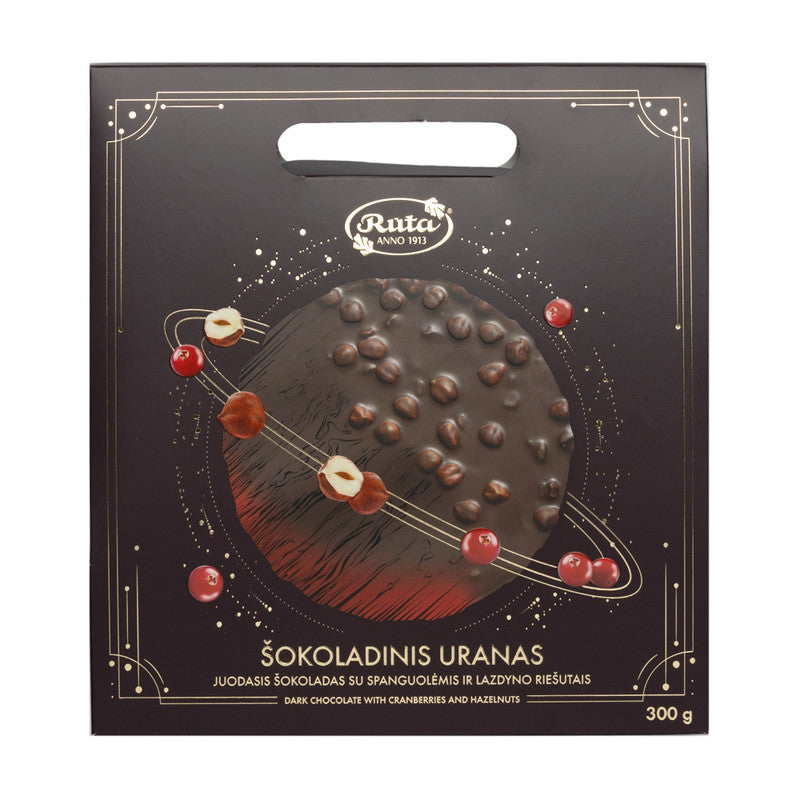 TUMŠĀ ŠOKOLĀDE (55%) AR DZĒRVENĒM UN LAZDU RIEKSTIEM ''ŠOKOLĀDES URĀNS'', 300 g