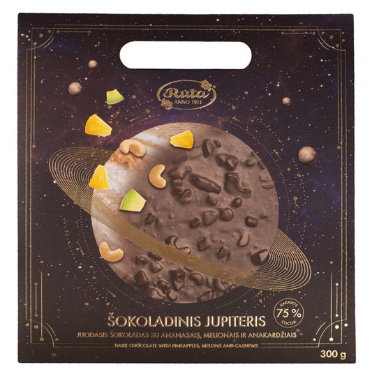 TUMŠĀ ŠOKOLĀDE (75%) AR ANANASIEM, MELONĒM UN INDIJAS RIEKSTIEM ''ŠOKOLĀDES JUPITERS'', 300 g