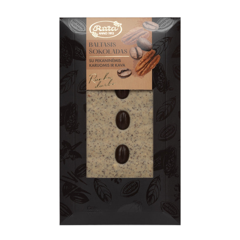 BALTĀ ŠOKOLĀDE AR PEKANRIEKSTIEM UN KAFIJU, 100g