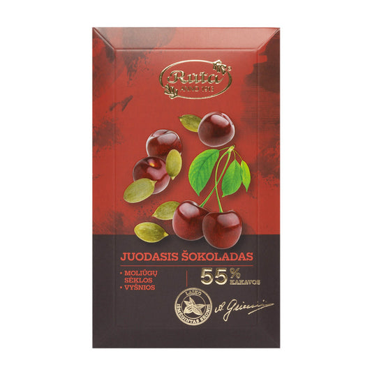 TUMŠĀ ŠOKOLĀDE (55%) AR ĶIRBJU SĒKLĀM UN ĶIRŠIEM, 90g