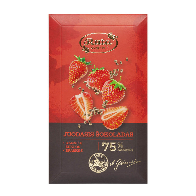 TUMŠĀ ŠOKOLĀDE (75%) AR KAŅEPJU SĒKLĀM UN ZEMENĒM, 90g