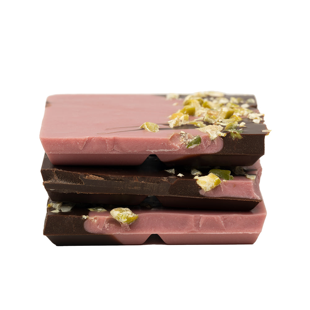 RUBY UN TUMŠĀ ŠOKOLĀDE (75%) AR PISTĀCIJĀM, 100g