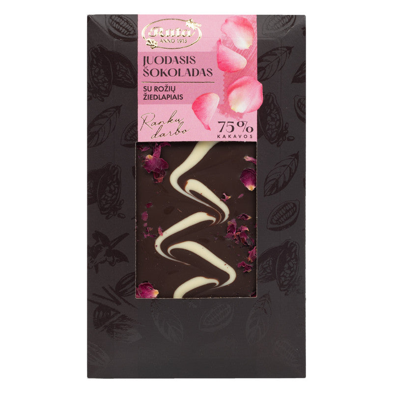 TUMŠĀ ŠOKOLĀDE (75%) AR ROŽU ZIEDLAPIŅĀM, 100g