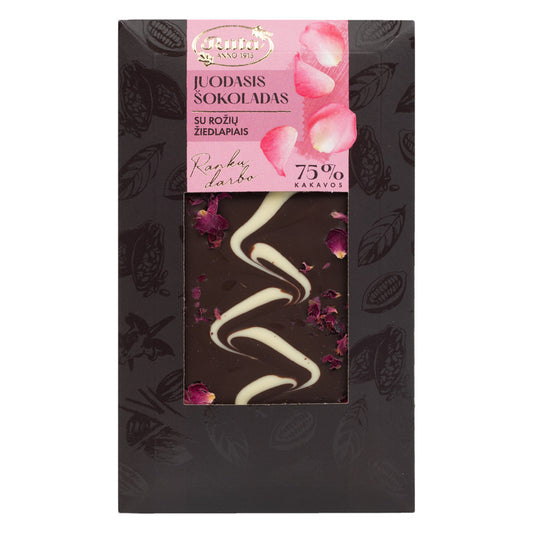 TUMŠĀ ŠOKOLĀDE (75%) AR ROŽU ZIEDLAPIŅĀM, 100g
