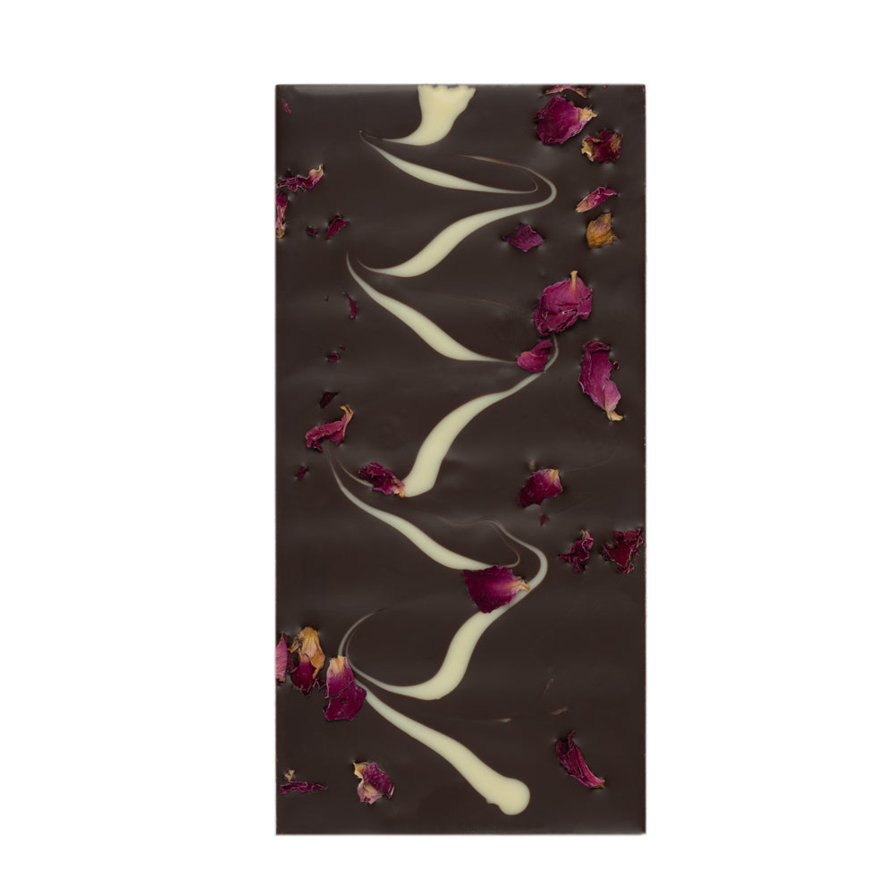 TUMŠĀ ŠOKOLĀDE (75%) AR ROŽU ZIEDLAPIŅĀM, 100g