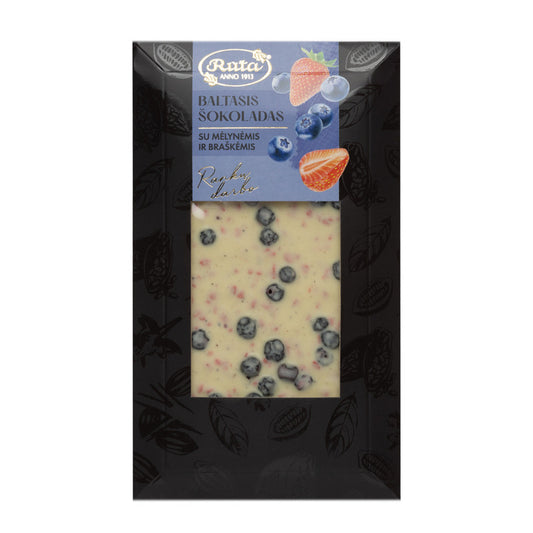 BALTĀ ŠOKOLĀDE AR MELLENĒM UN ZEMENĒM, 100g