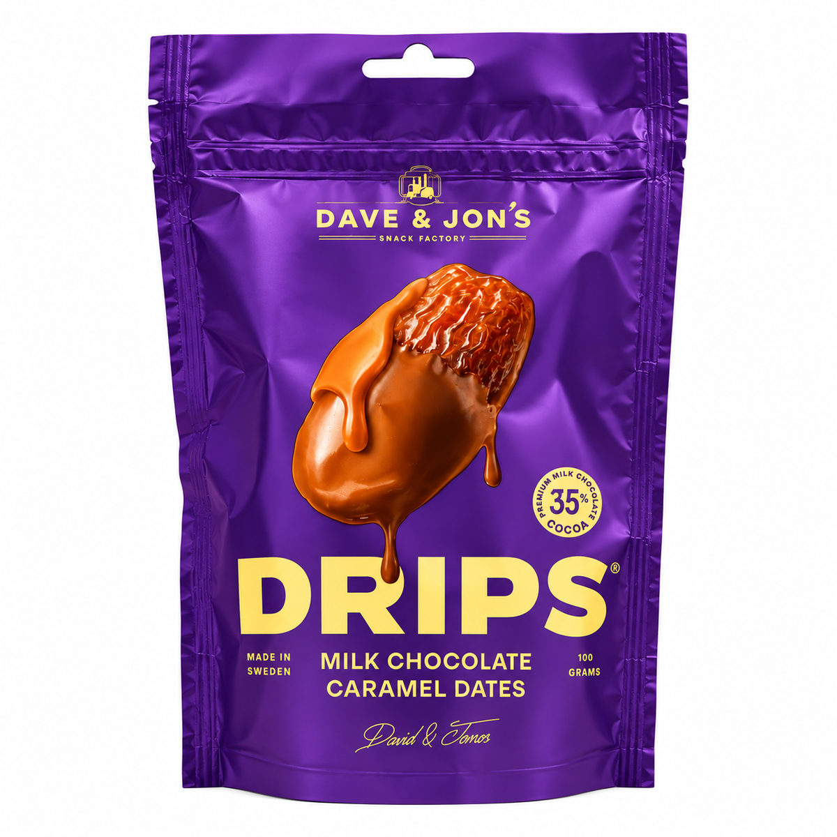 DAVE & JON'S DRIPS ŽĀVĒTAS DATELES AR PIENA ŠOKOLĀDI UN KARAMELI 100g