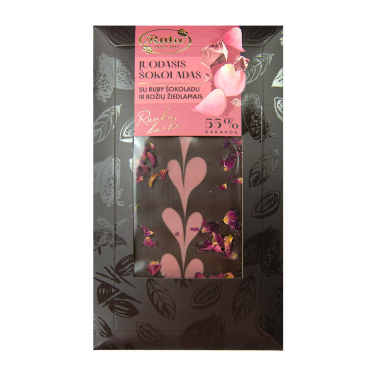 TUMŠĀ ŠOKOLĀDE (55%) AR RUBY ŠOKOLĀDI UN ROŽU ZIEDLAPIŅĀM, 100g