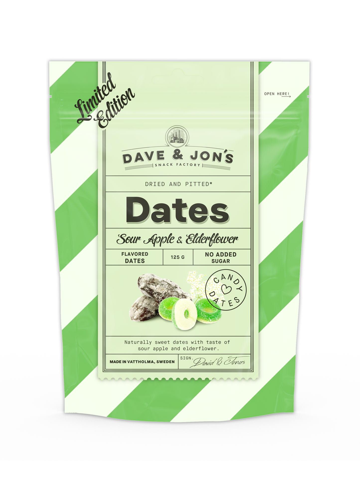 DAVE & JON'S DADLAR DATELES SOUR APPLE & ELDERFLOWER, 125g