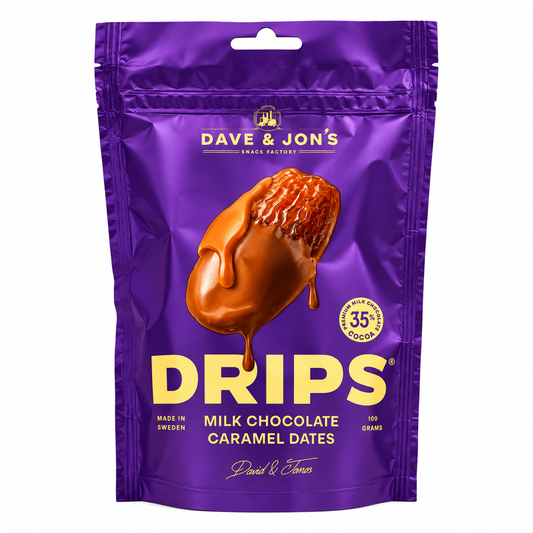 DAVE & JON'S DRIPS ŽĀVĒTAS DATELES AR PIENA ŠOKOLĀDI UN KARAMELI 100g