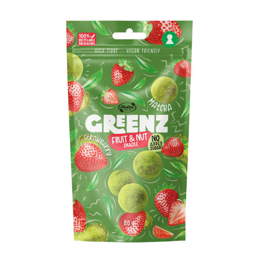 "GREENZ MATCHA & STRAWBERRY" AUGĻU UN SĒKLU NAŠĶI AR MATCHU UN ZEMENĒM, 80g