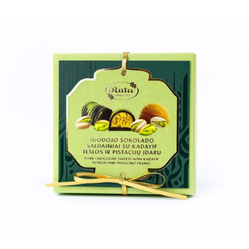 TUMŠĀS ŠOKOLĀDES KONFEKTES AR KADAIF MĪKLAS UN PISTĀCIJU PILDĪJUMU, 100g