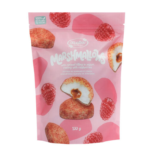 ZEFĪRI AR KARAMEĻU PILDĪJUMU UN AVEŅU JOGURTA GLAZŪRU, 100g